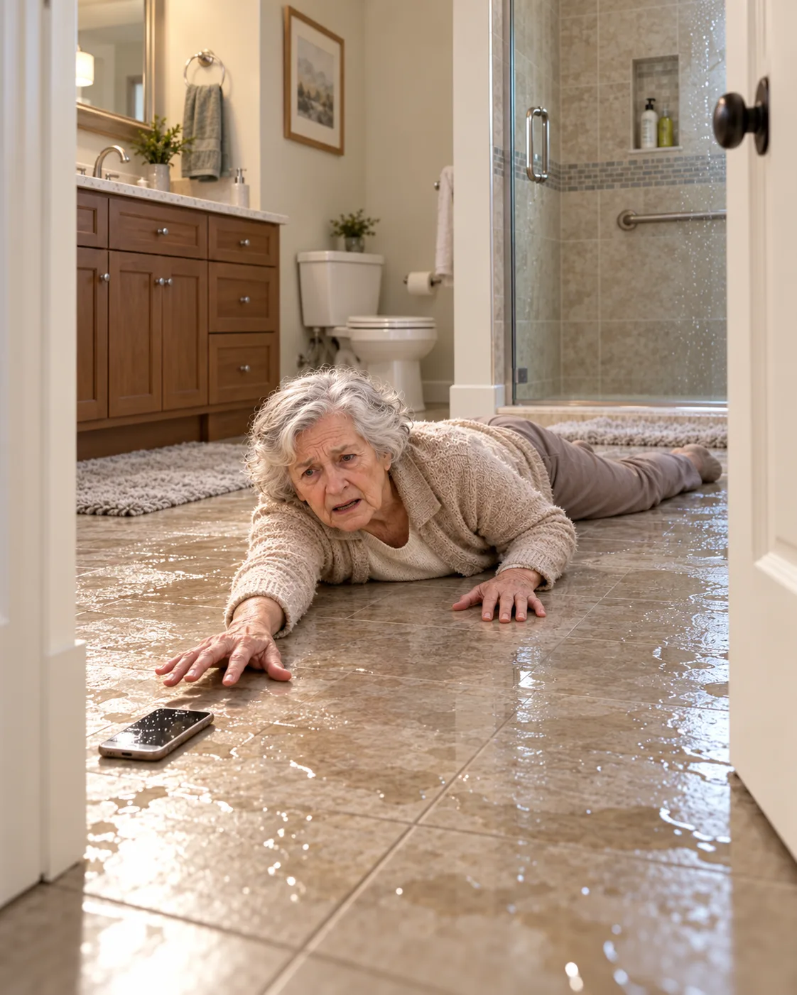 An older woman fallen on a wet bathroom floor, her phone just out of reach